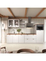 Cozinha completa composta por 5 módulos e uma prateleira na cor branco lavado com honey / coleção Alma